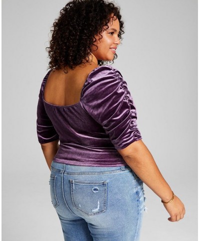 Trendy Plus Size Puff-Sleeve Velvet Top Purple $12.69 Tops