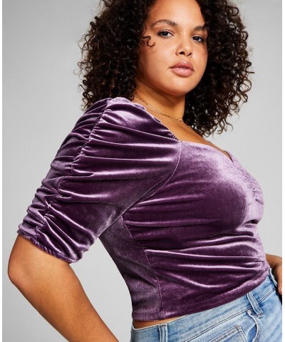 Trendy Plus Size Puff-Sleeve Velvet Top Purple $12.69 Tops