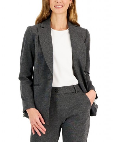 Women's Zip-Cuff Notched Collar One-Button Jacket Regular and Petite Sizes Gray $38.74 Jackets