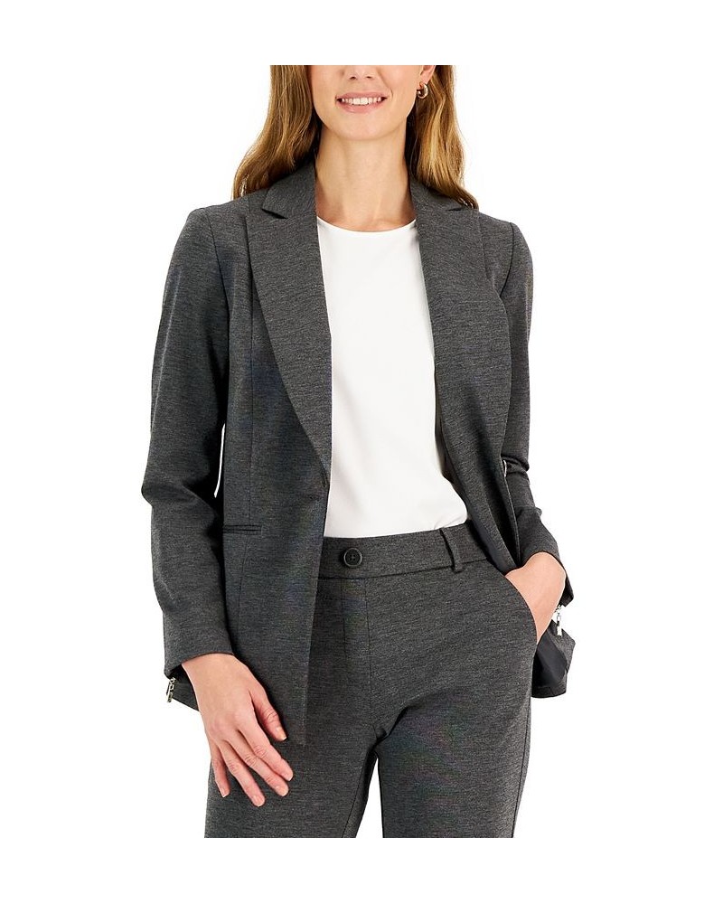 Women's Zip-Cuff Notched Collar One-Button Jacket Regular and Petite Sizes Gray $38.74 Jackets