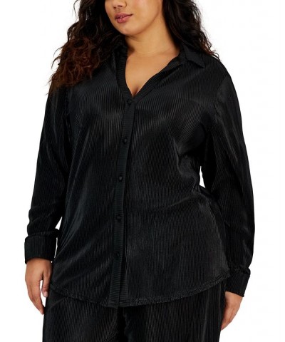 Trendy Plus Size Micro-Pleat Button-Front Top Black $13.57 Tops