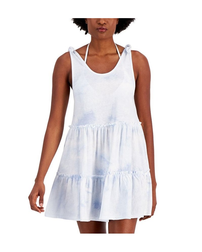Juniors' Cotton Tie-Dye-Print Tiered Cover-Up Dress White/Hydrangea $21.56 Swimsuits