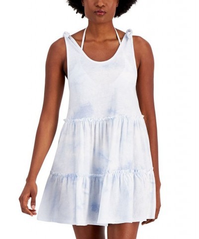 Juniors' Cotton Tie-Dye-Print Tiered Cover-Up Dress White/Hydrangea $21.56 Swimsuits