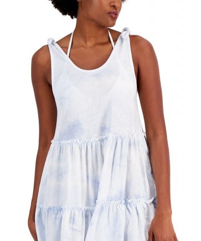 Juniors' Cotton Tie-Dye-Print Tiered Cover-Up Dress White/Hydrangea $21.56 Swimsuits