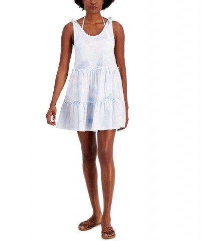 Juniors' Cotton Tie-Dye-Print Tiered Cover-Up Dress White/Hydrangea $21.56 Swimsuits