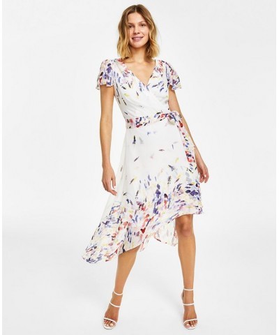 Women's Printed Flutter-Sleeve Faux-Wrap Midi Dress Ivory Multi $63.36 Dresses