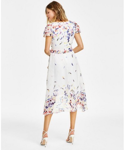 Women's Printed Flutter-Sleeve Faux-Wrap Midi Dress Ivory Multi $63.36 Dresses