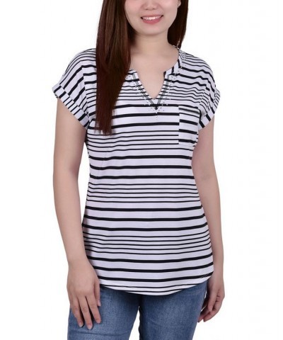 Petite Striped Extended Sleeve Top Black $14.84 Tops