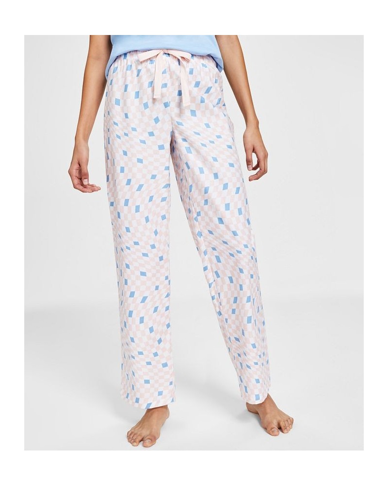 Cotton Printed Straight Leg Pajama Pants Retro Check Blu $11.99 Sleepwear