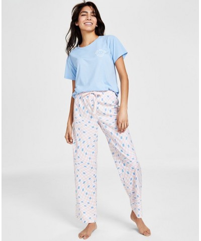 Cotton Printed Straight Leg Pajama Pants Retro Check Blu $11.99 Sleepwear