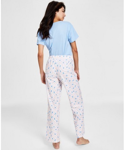 Cotton Printed Straight Leg Pajama Pants Retro Check Blu $11.99 Sleepwear