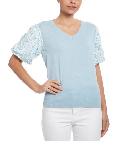 Women's Sweater with Floral Eyelet Blue $41.36 Sweaters