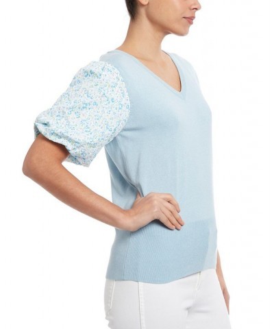 Women's Sweater with Floral Eyelet Blue $41.36 Sweaters