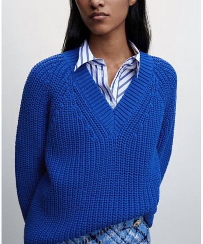 Women's V-Neck Knit Sweater Blue $39.60 Sweaters