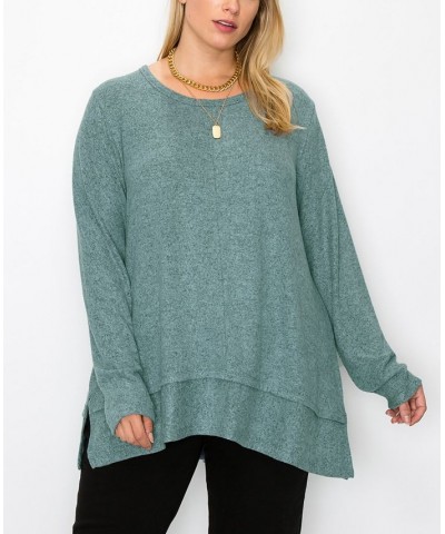 Plus Size Cozy Long Sleeve Pleat Button Back Top Seafoam $22.68 Tops