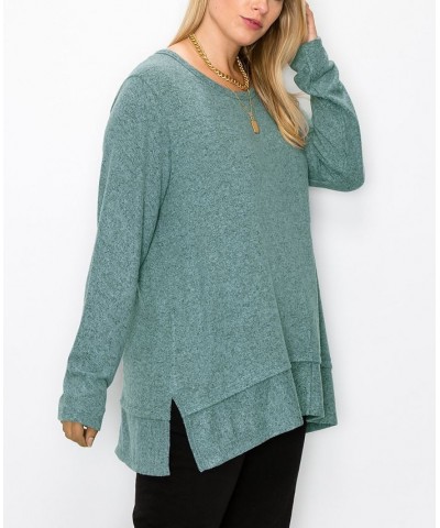 Plus Size Cozy Long Sleeve Pleat Button Back Top Seafoam $22.68 Tops