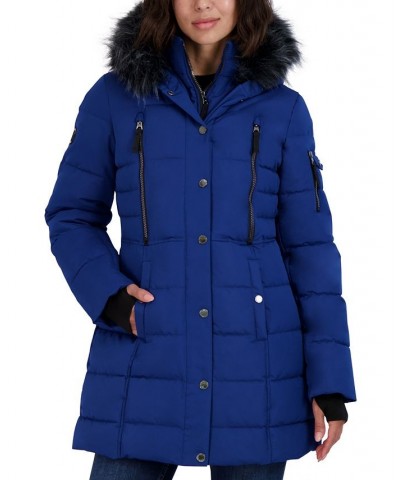 Women's Faux-Fur-Trim Hooded Puffer Coat Blue $64.00 Coats