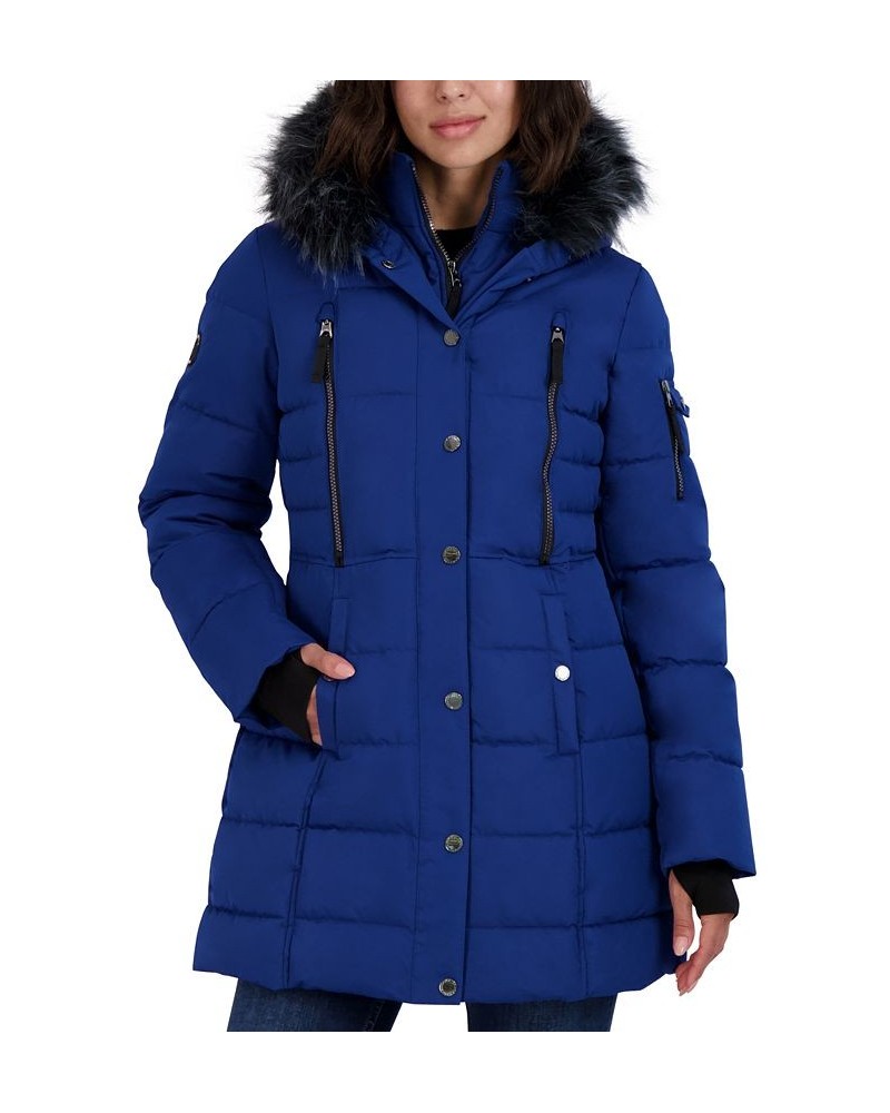 Women's Faux-Fur-Trim Hooded Puffer Coat Blue $64.00 Coats