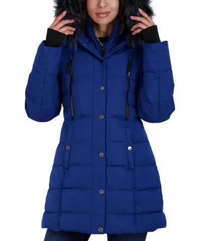 Women's Faux-Fur-Trim Hooded Puffer Coat Blue $64.00 Coats