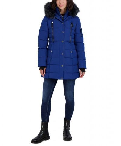 Women's Faux-Fur-Trim Hooded Puffer Coat Blue $64.00 Coats