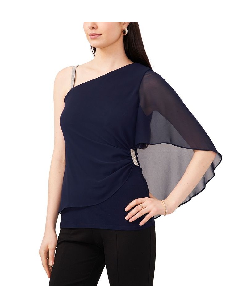 Women's Rhinestone-Trimmed One-Shoulder Overlay Top Jbs Navy $33.97 Tops