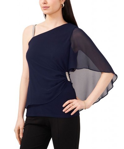 Women's Rhinestone-Trimmed One-Shoulder Overlay Top Jbs Navy $33.97 Tops