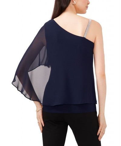 Women's Rhinestone-Trimmed One-Shoulder Overlay Top Jbs Navy $33.97 Tops