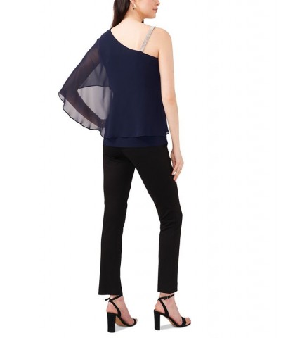 Women's Rhinestone-Trimmed One-Shoulder Overlay Top Jbs Navy $33.97 Tops