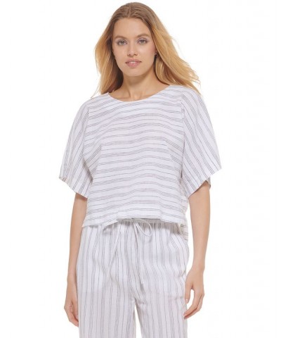 Women's Striped Dolman Elbow-Sleeve Cropped Top White/black $53.46 Tops