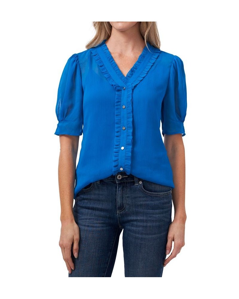 Puffed-Sleeve Ruffled Blouse Santorini Sky $31.92 Tops