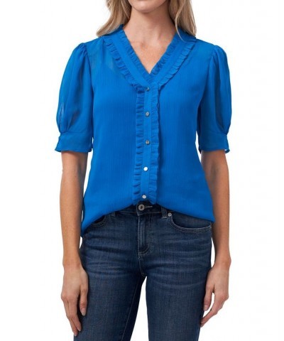 Puffed-Sleeve Ruffled Blouse Santorini Sky $31.92 Tops