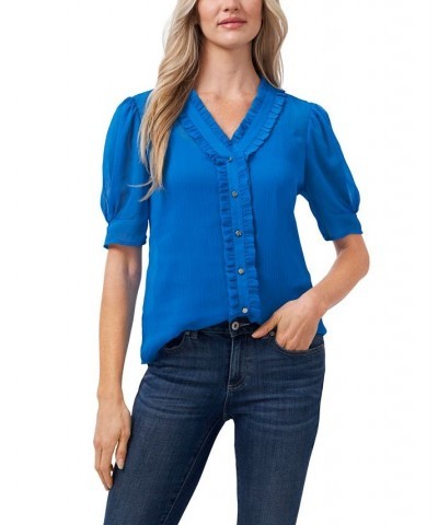 Puffed-Sleeve Ruffled Blouse Santorini Sky $31.92 Tops