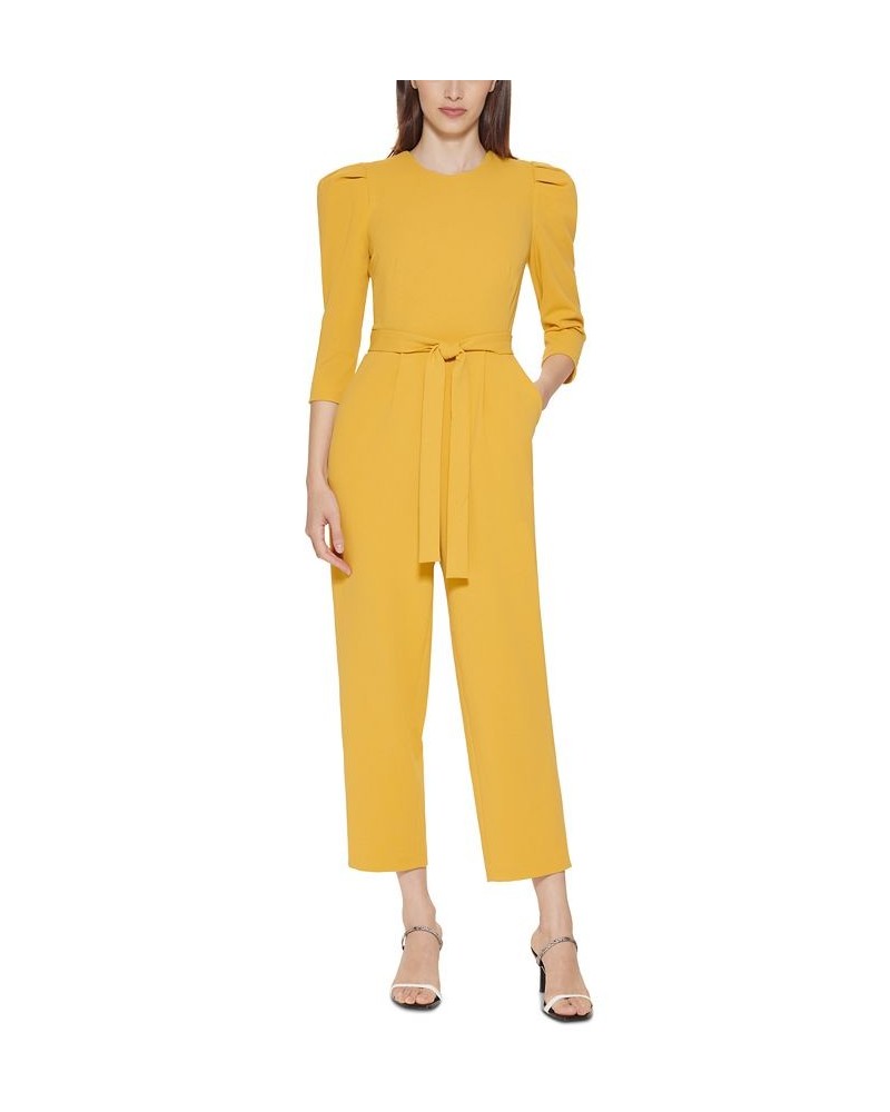 Belted Puff-Shoulder Jumpsuit Yellow $71.52 Pants