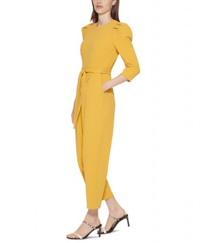 Belted Puff-Shoulder Jumpsuit Yellow $71.52 Pants