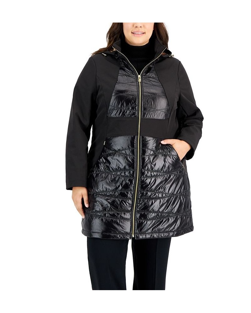 Women's Plus Size Hooded Mixed-Media Raincoat Black $108.00 Coats