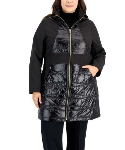 Women's Plus Size Hooded Mixed-Media Raincoat Black $108.00 Coats