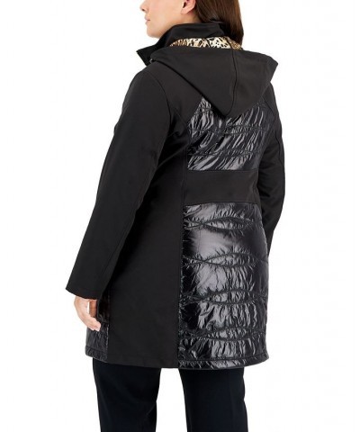 Women's Plus Size Hooded Mixed-Media Raincoat Black $108.00 Coats