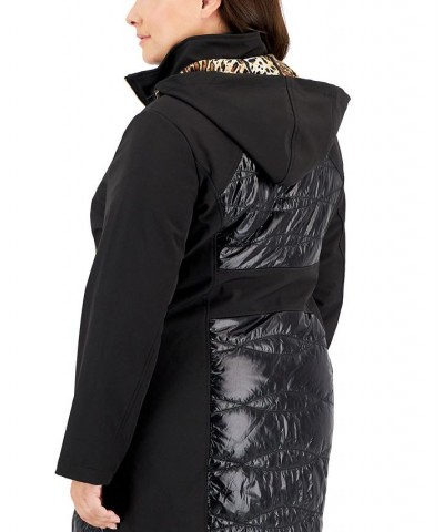 Women's Plus Size Hooded Mixed-Media Raincoat Black $108.00 Coats