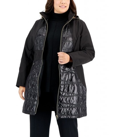 Women's Plus Size Hooded Mixed-Media Raincoat Black $108.00 Coats