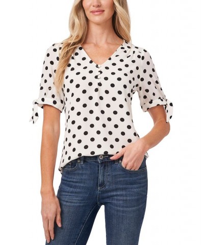 Women's Disco Dot Tie-Sleeve Short Sleeve Blouse White $19.66 Tops