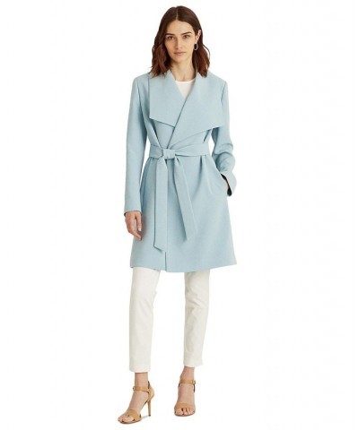 Women's Petite Crepe Belted Wrap Coat Dusty Blue $41.60 Coats