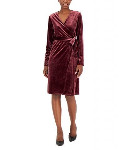 Women's Velvet Long-Sleeve Wrap Dress Red $26.85 Dresses