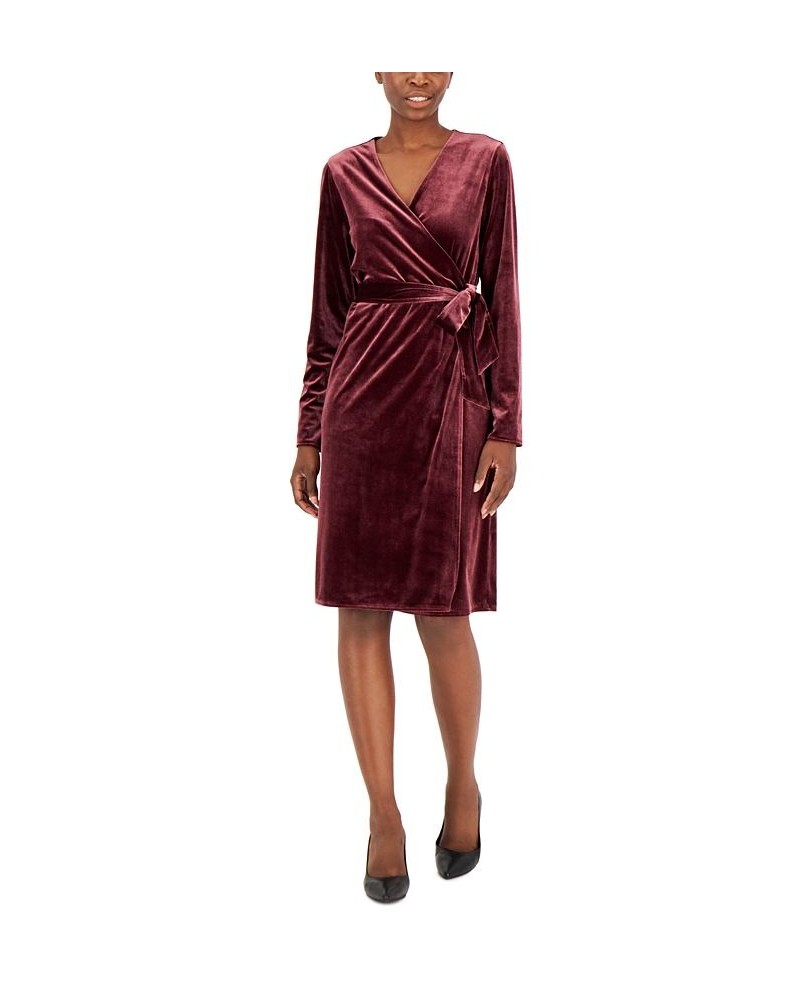 Women's Velvet Long-Sleeve Wrap Dress Red $26.85 Dresses