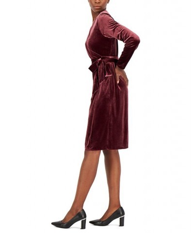 Women's Velvet Long-Sleeve Wrap Dress Red $26.85 Dresses