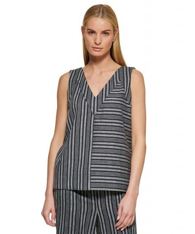 Pure Women's Striped V-Neck Top Black Ice Grey Multi $41.83 Tops