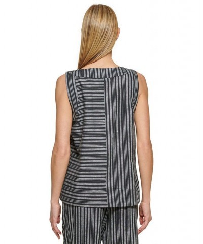 Pure Women's Striped V-Neck Top Black Ice Grey Multi $41.83 Tops