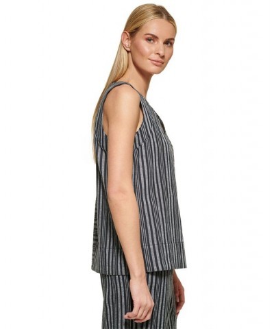 Pure Women's Striped V-Neck Top Black Ice Grey Multi $41.83 Tops