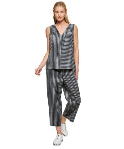 Pure Women's Striped V-Neck Top Black Ice Grey Multi $41.83 Tops