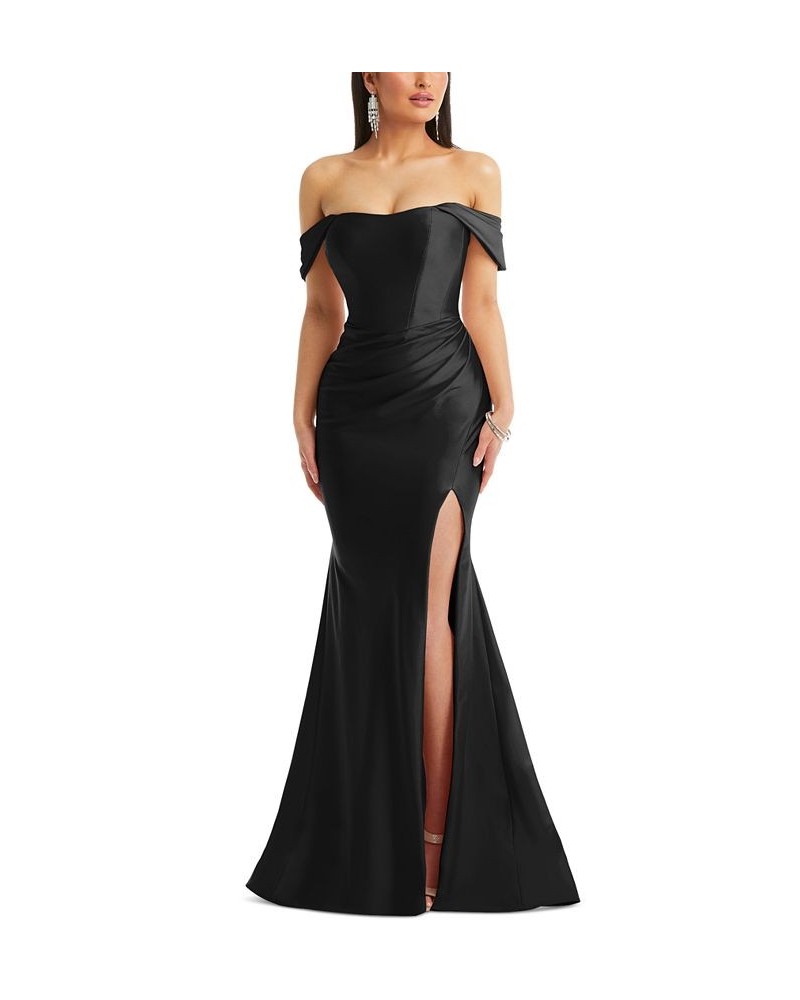 Women's Off-The-Shoulder Corset Satin Mermaid Gown Black $107.52 Dresses