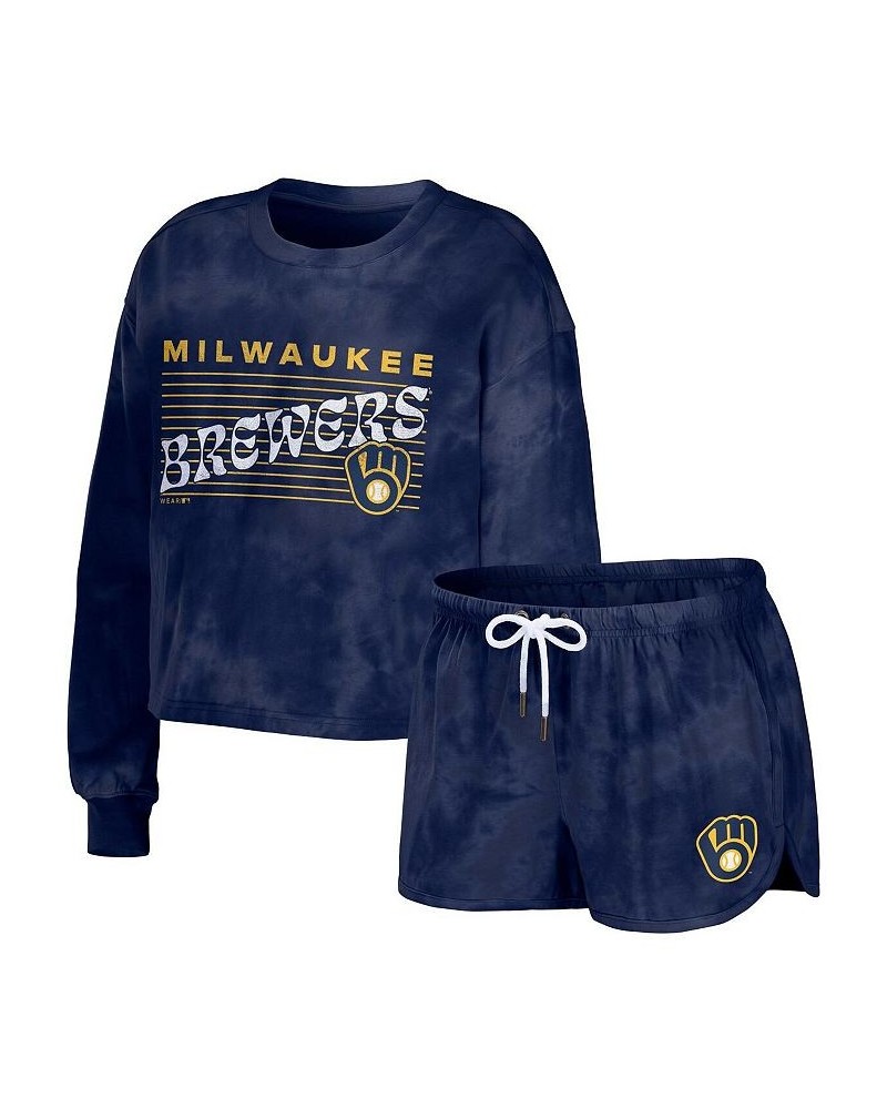 Women's Navy Milwaukee Brewers Tie-Dye Cropped Pullover Sweatshirt and Shorts Lounge Set Navy $36.90 Pajama
